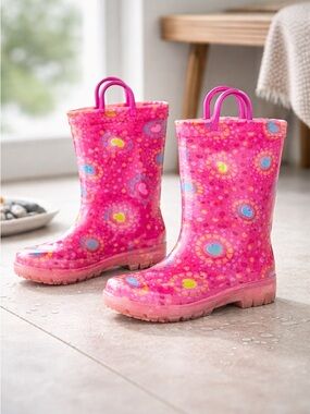 EUC - Girls Pink Rubber Rain Boots Hearts Graphic Pull Up Straps - Size 11/12